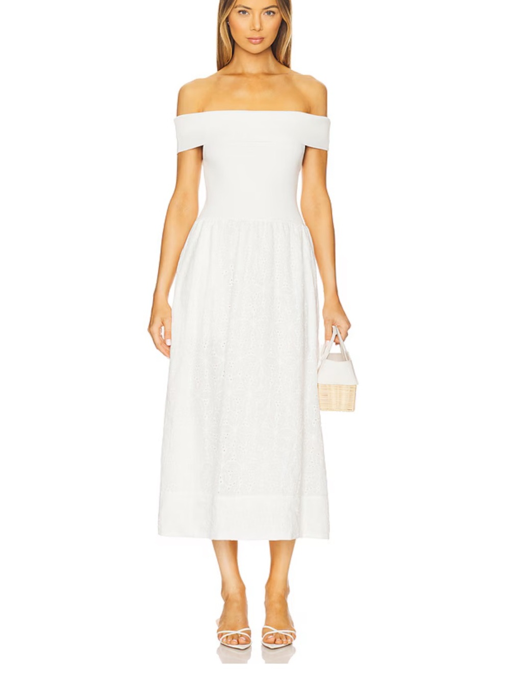 Astr Cream Off-Shoulder Eyelet Midi Dress with Fold-Over Neckline